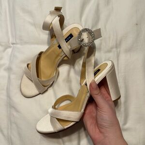 Margaux Satin Block Heel Sandals Crystal Buckle Ivory Size 40 W (US 9–9.5)